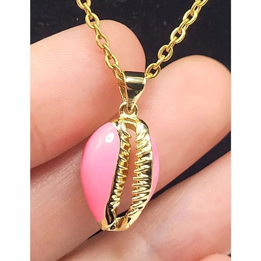 Cute Dainty Pink Enamel Cowrie Shell Charm Pendant Necklace 17in